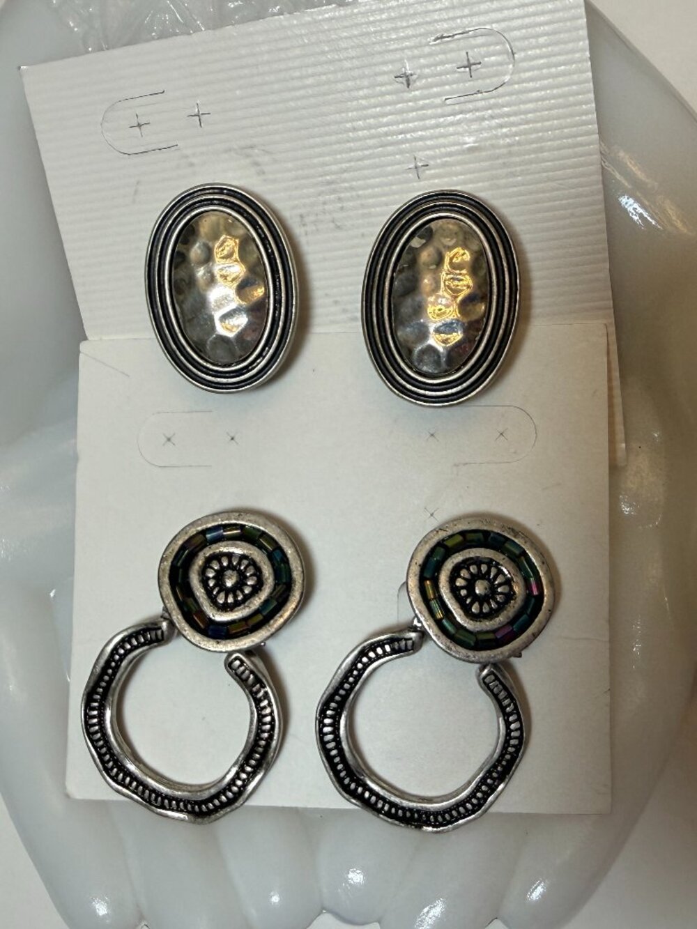 NEW 2 Pairs Clip On Earrings Silver Tone Beaded Hammered Convertible Bohemian